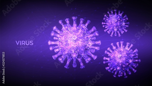 Coronavirus 2019-nCov novel coronavirus low poly abstract concept. Microscopic view of virus cells close up. Dangerous asian ncov corona virus, SARS pandemic risk. 3D polygonal vector illustration.