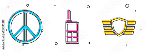 Set Peace , Walkie talkie and Military reward medal icon. Vector