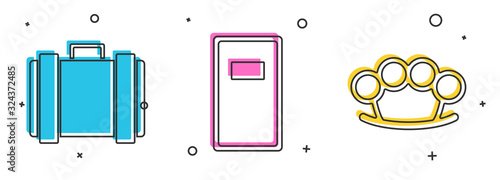 Set Military ammunition box, Police assault shield and Brass knuckles icon. Vector