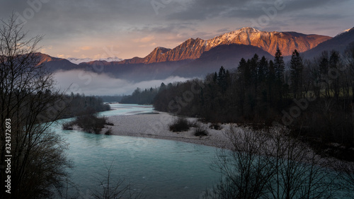river with mountains and sunset, croatia