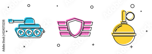 Set Military tank , Military reward medal and Hand grenade icon. Vector
