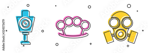 Set Human target sport for shooting , Brass knuckles and Gas mask icon. Vector