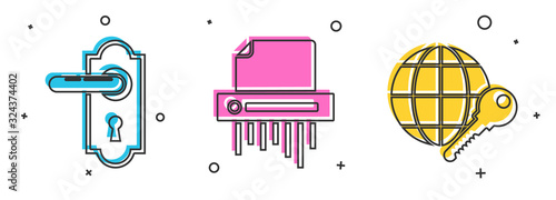 Set Door handle , Paper shredder confidential and Globe key icon. Vector