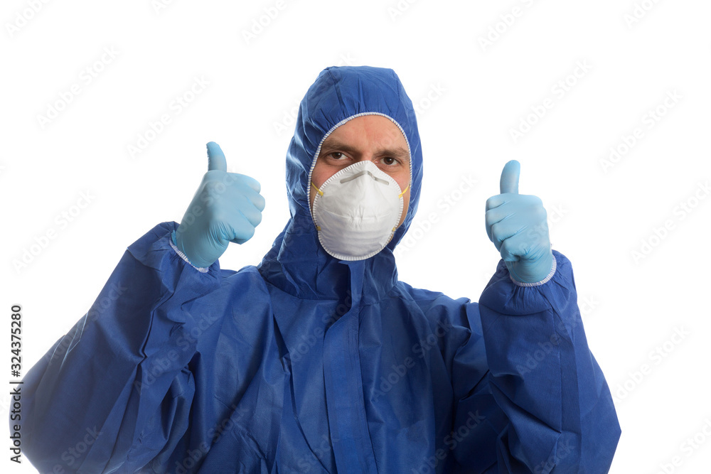 Doctor in protective clothing showing thumbs up. Everything will be O.K. - obrazy, fototapety, plakaty 