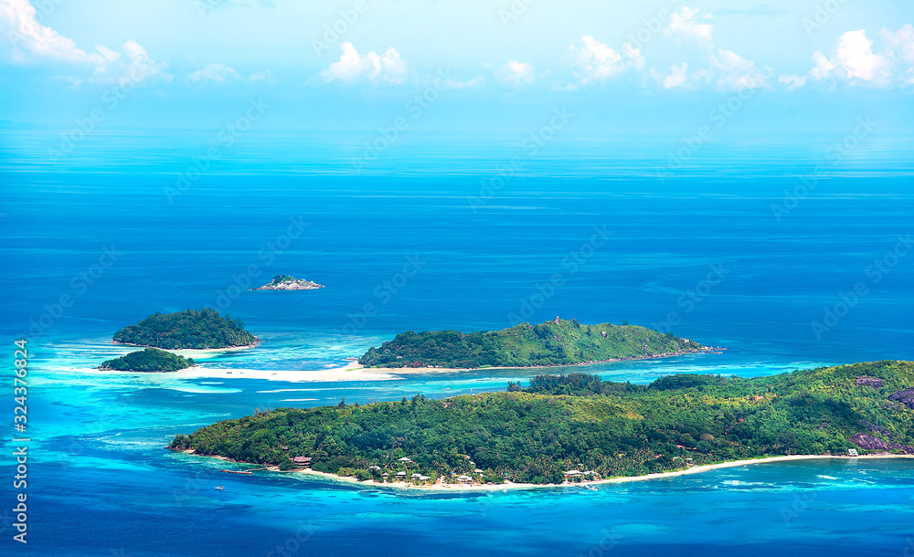 Beautiful panoramic view from above at Seychelles Islands at the Indian ocean Beautiful panoramic view from above at Seychelles Islands at the Indian ocean