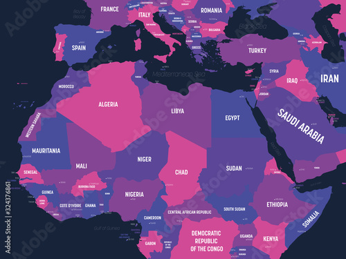 Northern Africa map. High detailed political map of northern african rgion with country, capital, ocean and sea names labeling