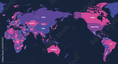 World map - Asia, Australia and Pacific Ocean centered. High detailed political map of World with country, capital, ocean and sea names labeling