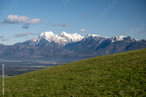 Beautiful view from green grassland towards white Kamnik alps in Slovenia