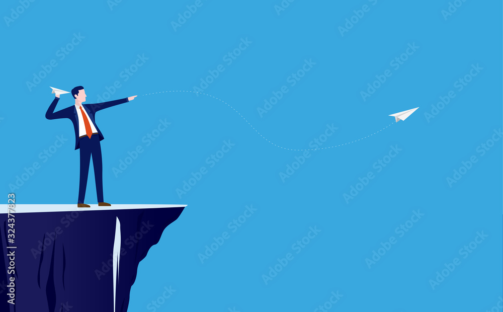 Businessman aiming paper plane. Man holding a paper plane on cliff edge. Executive putting business plan into effect, leadership, excitement, launch concept. Vector illustration.