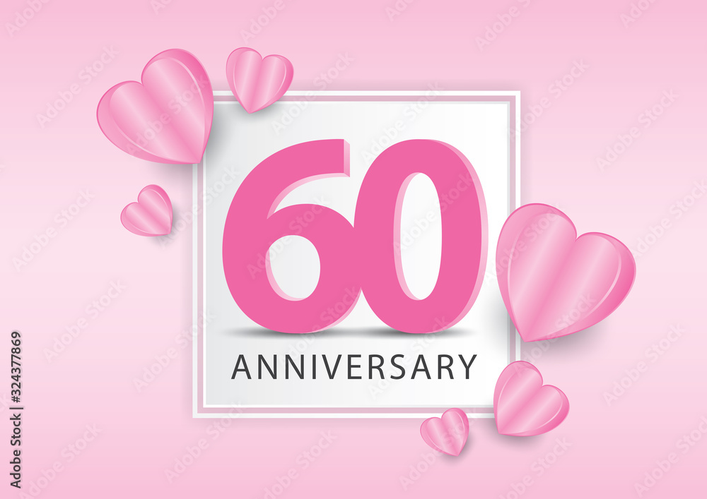 60 Years Anniversary Logo Celebration With heart background. Valentine’s Day Anniversary banner vector template