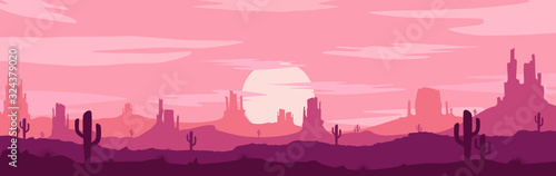 Vector illustration of sunset and twilight desert panoramic view with mountains and cactus - flat cartoon style © prakasit