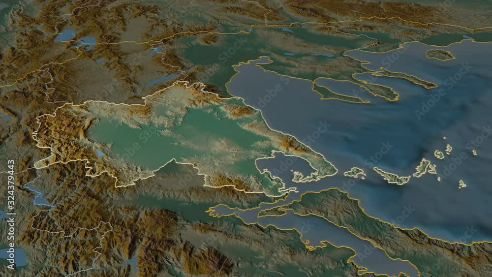Thessaly, decentralized administration with its capital, zoomed and extruded on the relief map of Greece in the conformal Stereographic projection. Animation 3D