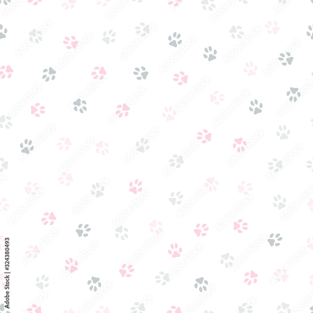 Vector seamless pattern of pink and grey paw prints.