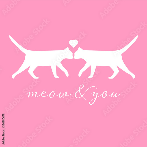 Vector illustration of two cats and a heart. Meow and You. Cute romantic card concept.