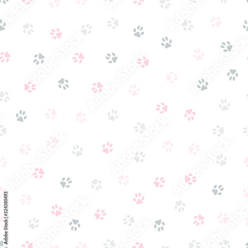 Vector seamless pattern of pink and grey paw prints.