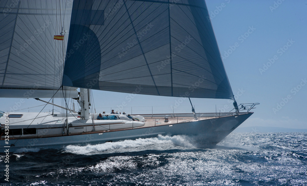 Sailing at sea. Sailing boat. Full speed. Mediterranean Sea. Super Cup Palma de Mallorca