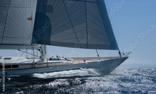 Sailing at sea. Sailing boat. Full speed. Mediterranean Sea. Super Cup Palma de Mallorca