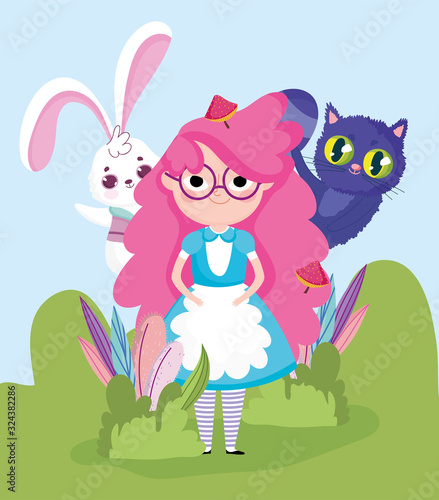 cute girl with rabbit and cat field cartoon  children character