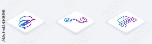 Set Isometric line Taxi call telephone service, Route location and Car. White square button. Vector