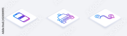 Set Isometric line Taxi call telephone service, Taxi car and Route location. White square button. Vector