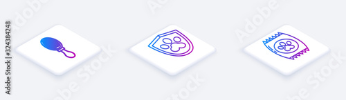 Set Isometric line Hair brush for dog and cat, Animal health insurance and Bag of food for pet. White square button. Vector