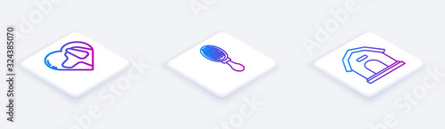 Set Isometric line Heart with dog, Hair brush for dog and cat and Dog house. White square button. Vector