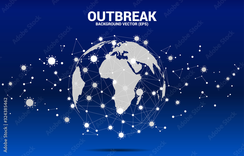 World Globe in wuhan virus shape and particle of Corona virus background. Concept for flu sickness and outbreak. World Globe in wuhan virus shape and particle of Corona virus background. Concept for flu sickness and outbreak.