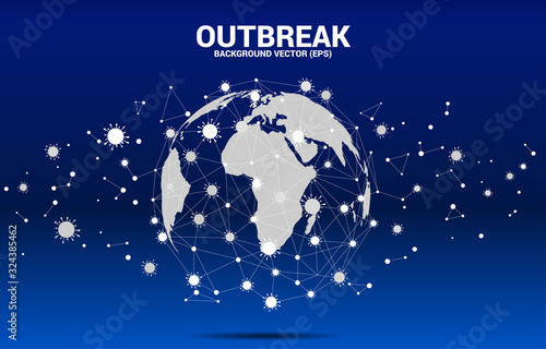 World Globe in wuhan virus shape and particle of Corona virus background. Concept for flu sickness and outbreak.
