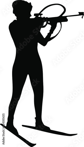 Woman Biathlon racer silhouette, shooting pose in biathlon, biathlete on standing shooting, realistic silhouette in black, vector illustration