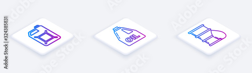 Set Isometric line Canister for gasoline, Canister for motor machine oil and Barrel oil. White square button. Vector