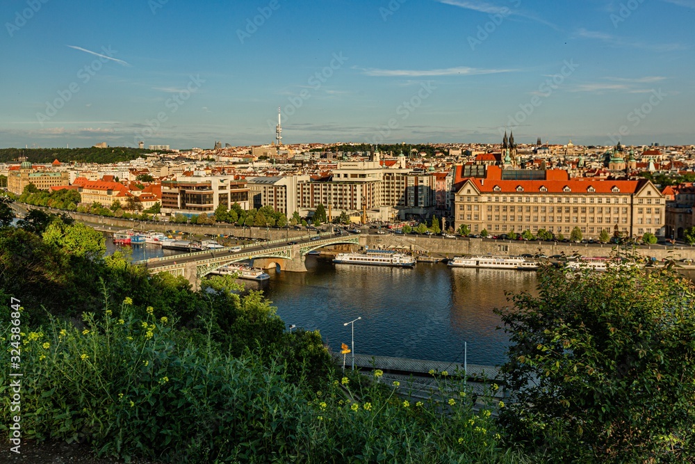 Prague / Czech Republic - May 23 2019: Scenic view of the cityscape with houses, Zizkov tower, river Vltava, bridge and boats. Sunny evening with blue sky. Yellow and green plants in the foreground.
