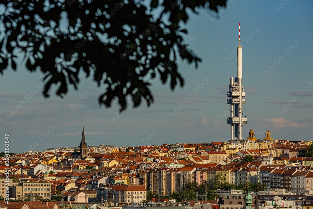 Obraz premium Prague / Czech Republic - May 23 2019: Scenic view of the cityscape with the Zizkov television tower on a sunny spring evening. Blue and pink evening sky. Green leaves in the foreground.