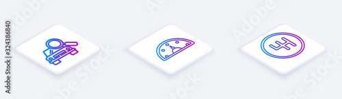 Set Isometric line Car search, Speedometer and Gear shifter. White square button. Vector