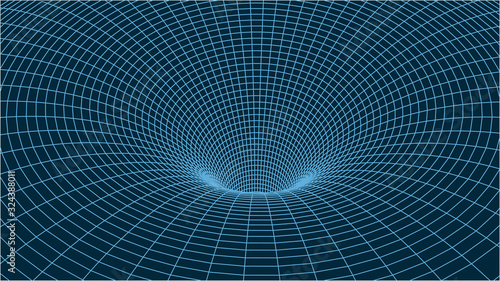 Technology wireframe tunnel on white background. Futuristic 3D wormhole.