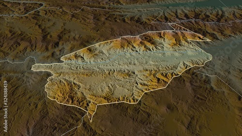 El Progreso, department with its capital, zoomed and extruded on the relief map of Guatemala in the conformal Stereographic projection. Animation 3D photo