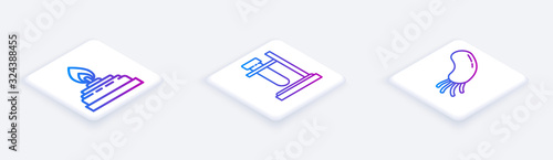 Set Isometric line Alcohol or spirit burner, Test tube flask on stand and Bacteria. White square button. Vector
