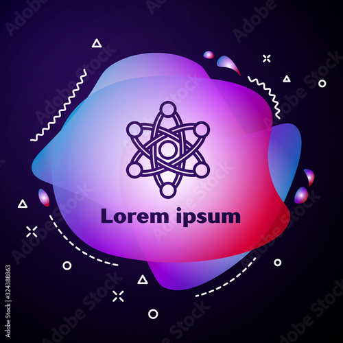 Purple line Atom icon isolated on blue background. Symbol of science, education, nuclear physics, scientific research. Abstract banner with liquid shapes. Vector Illustration