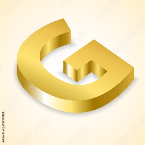 Tilted Letters G color gold 3D style.