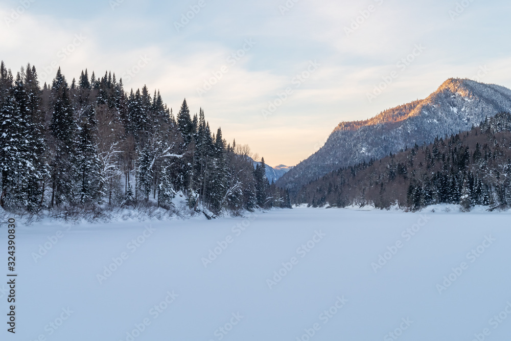 Beautiful winter view at the Jacques Cartier national park, in Quebec, Canada