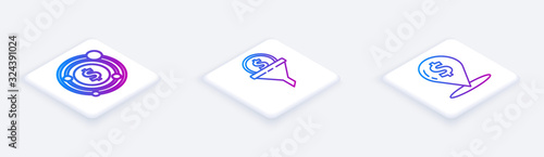Set Isometric line Target with dollar symbol, Lead management and Cash location pin. White square button. Vector