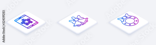 Set Isometric line Christmas on smartphone and snowflake, Merry Christmas ringing bell and Christmas wreath. White square button. Vector