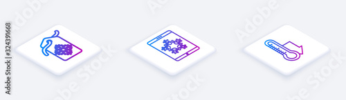 Set Isometric line Price tag with an inscription Sale, Christmas on smartphone and snowflake and Meteorology thermometer measuring. White square button. Vector