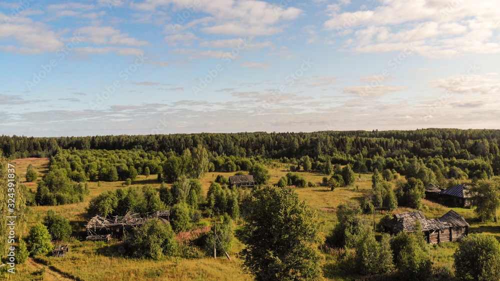 Naklejka premium Aerial shooting of an abandoned taiga village of Russia