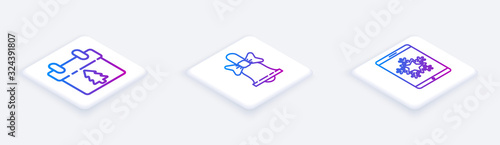 Set Isometric line Calendar, Merry Christmas ringing bell and Christmas on smartphone and snowflake. White square button. Vector
