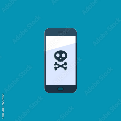 danger virus skeleton on screen phone. vector flat symbol