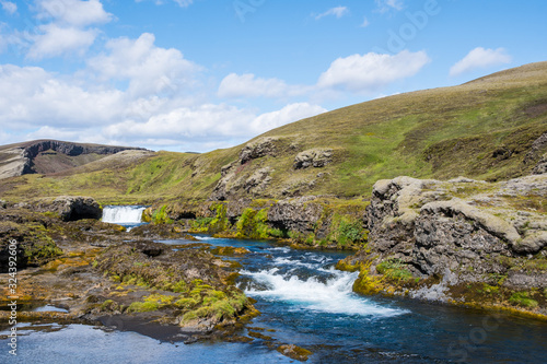 Waterfall and cascade in river Nordari Ofaera near Eldgja in Iceland
