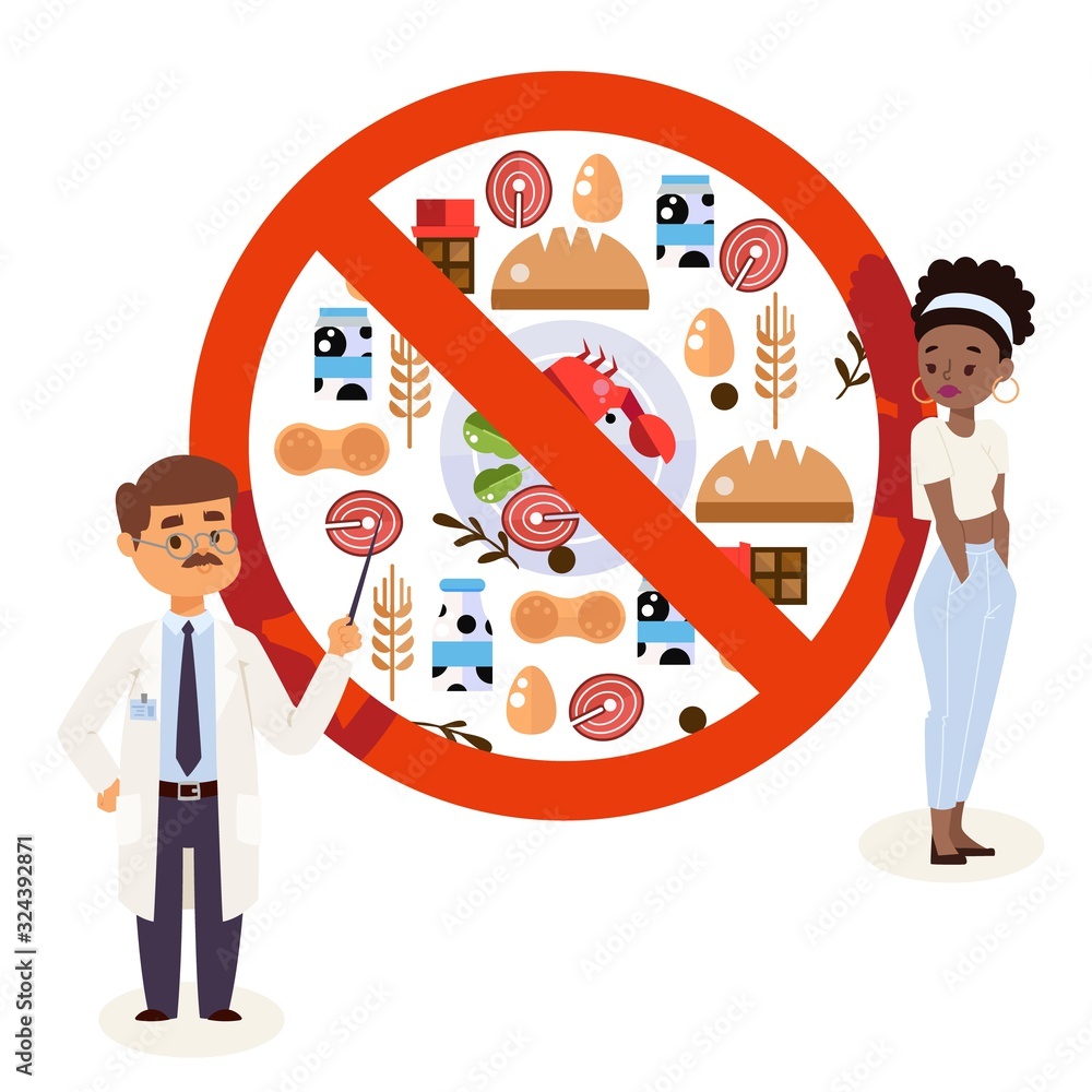 Flat style icons of food allergy triggers, doctor and patient cartoon