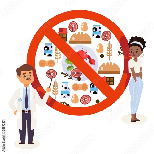 Flat style icons of food allergy triggers, doctor and patient cartoon characters, vector illustration. Doctor explaining allergens food restrictions to patient, upset woman allergic to products