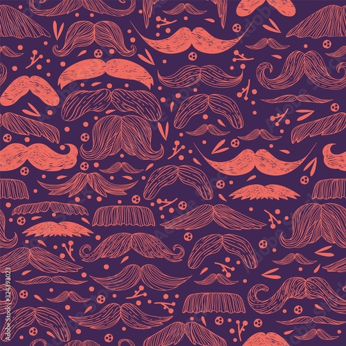 Mustache seamless pattern vector illustration for retro background design with vintage style hipster man moustache. Doodle decoration. Wallpaper, wrapping paper, father day greeting card template.