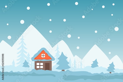 Winter scene with cozy cottage in mountains, snowy landscape, vector illustration. Simple nature scene, cute countryside house in snowfall. Christmas wonderland, winter landscape, hut in snow forest